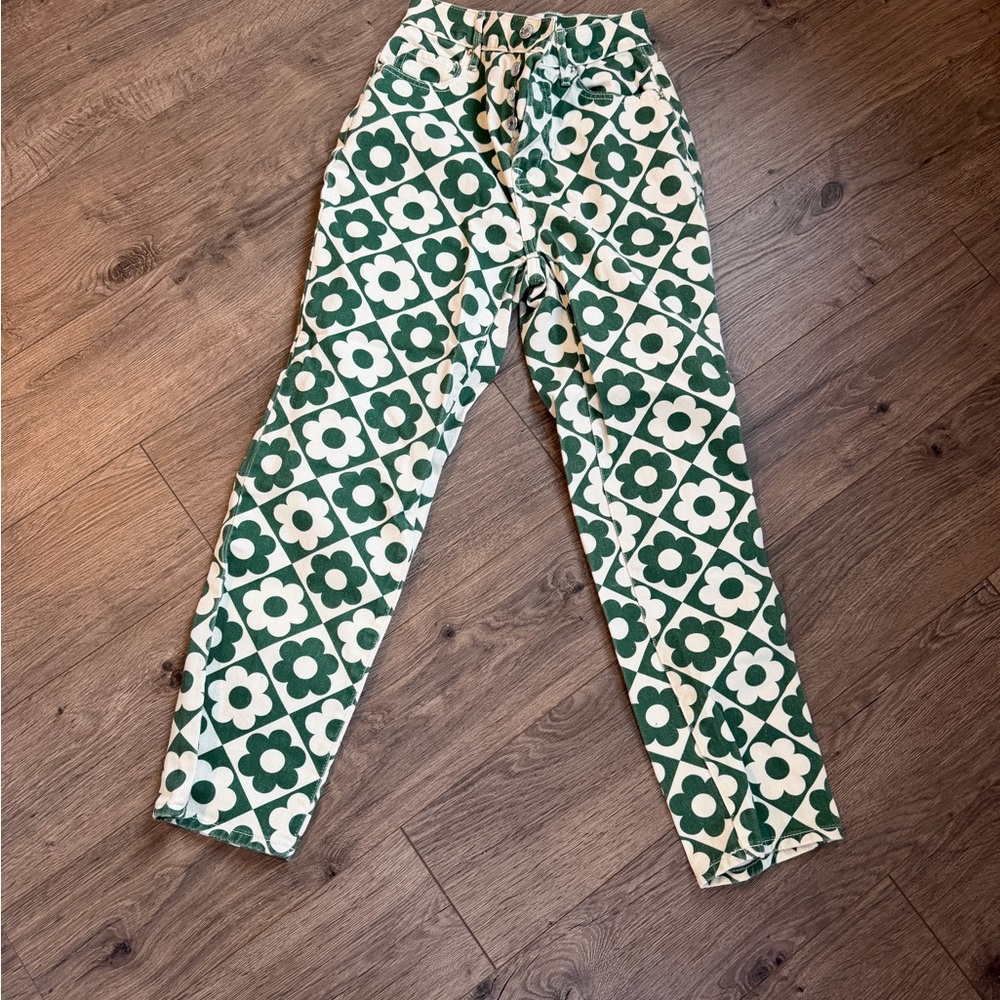PacSun Green and Cream Floral High Rise Jeans